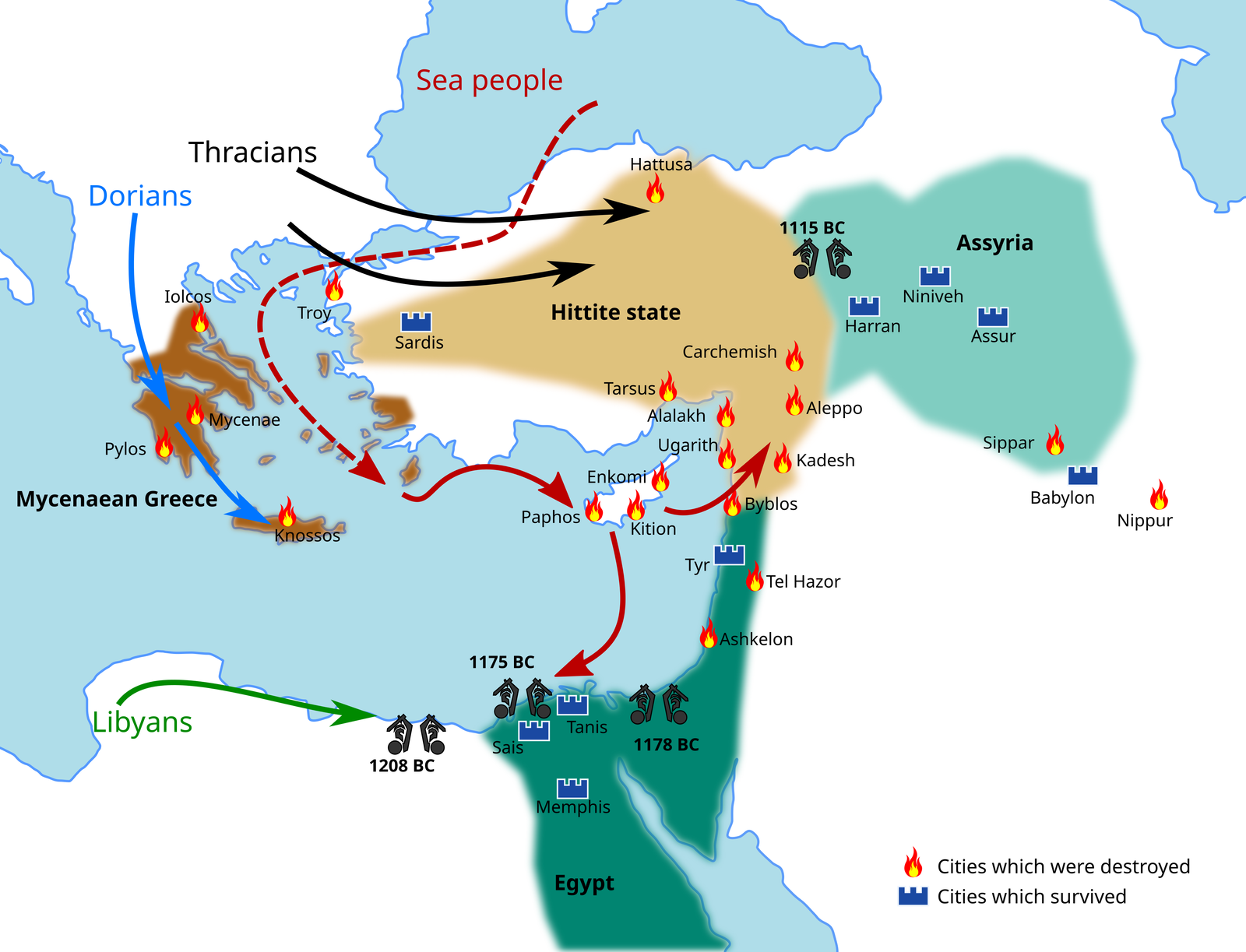 Map showing the Bronze Age collapse (conflicts and movements of people) - Lommes