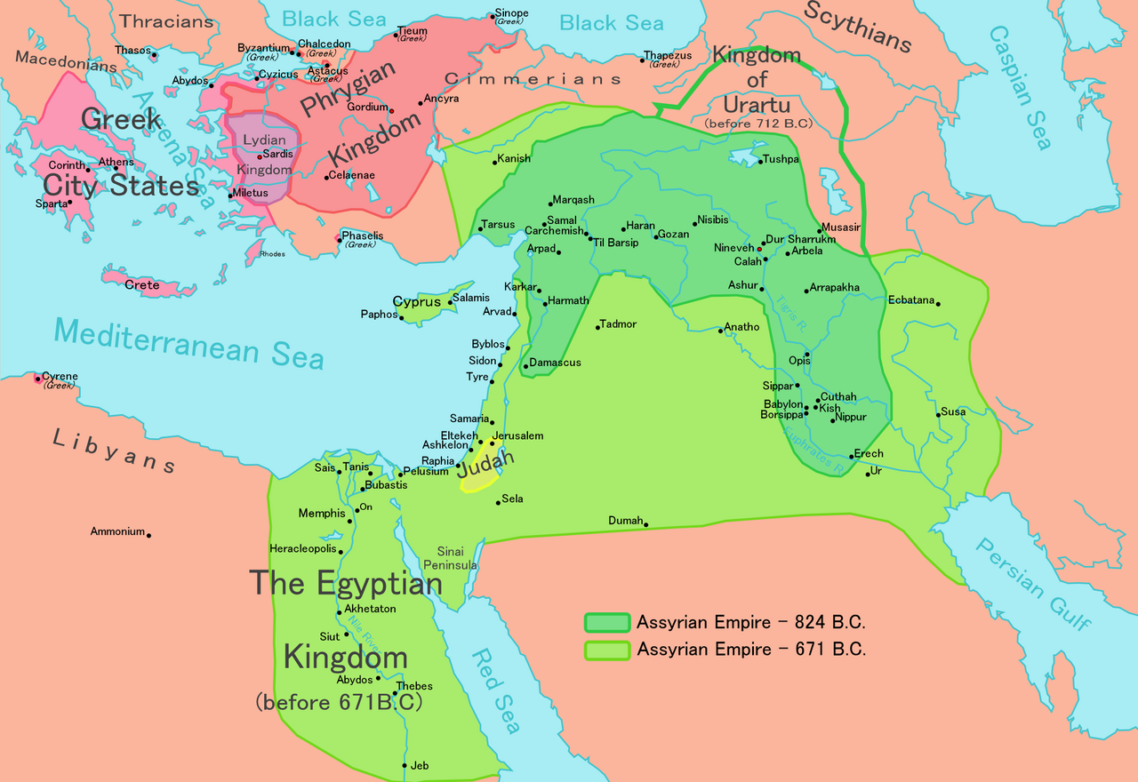 Neo-Assyrian expansion from Mesopotamia to Egypt, stomping on the Levant on the way – image by Ningyou