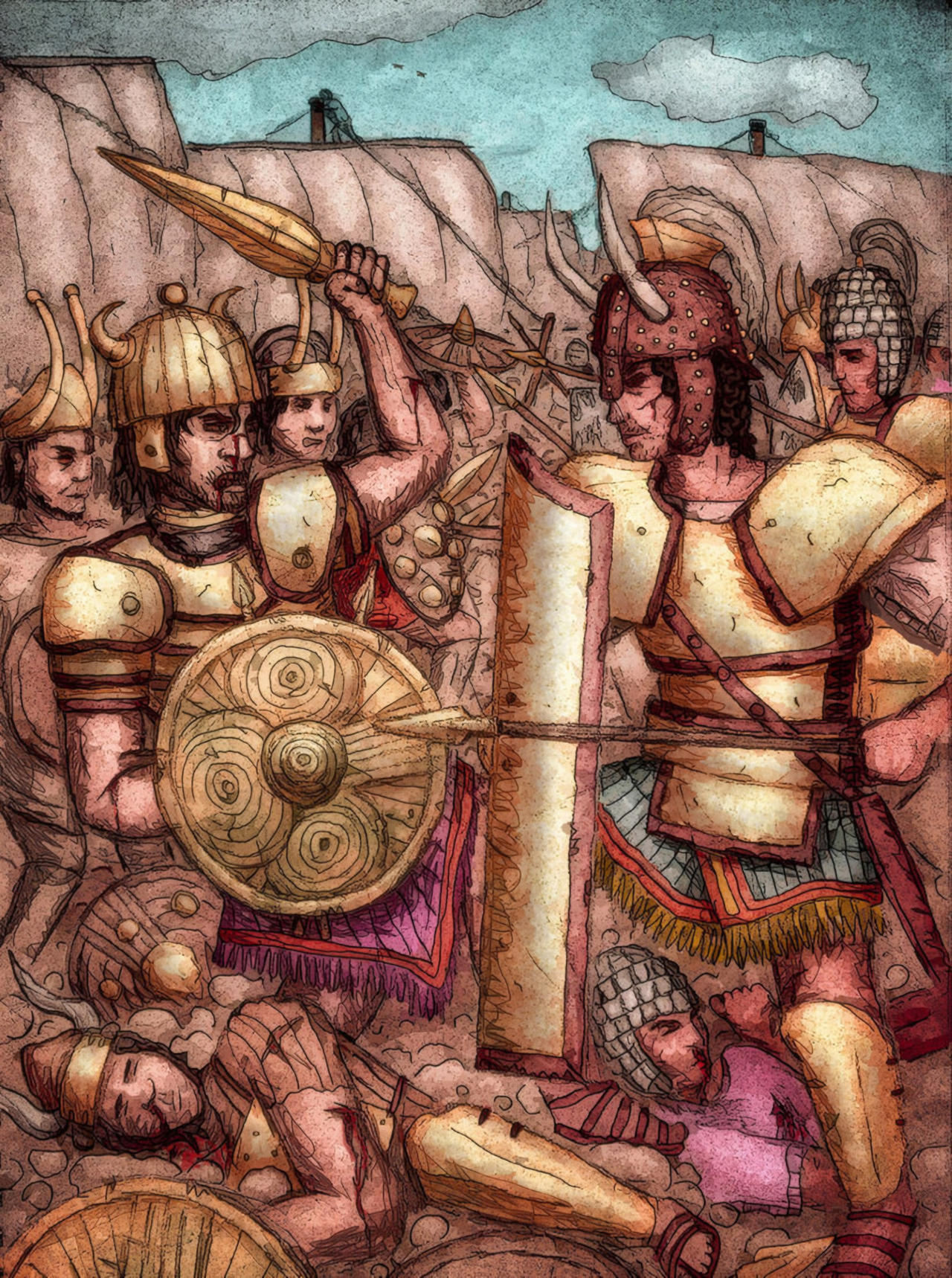illustration of Sherden Sea People / Nuragic warriors and Mycenaean by Rowyn Flowerdew
