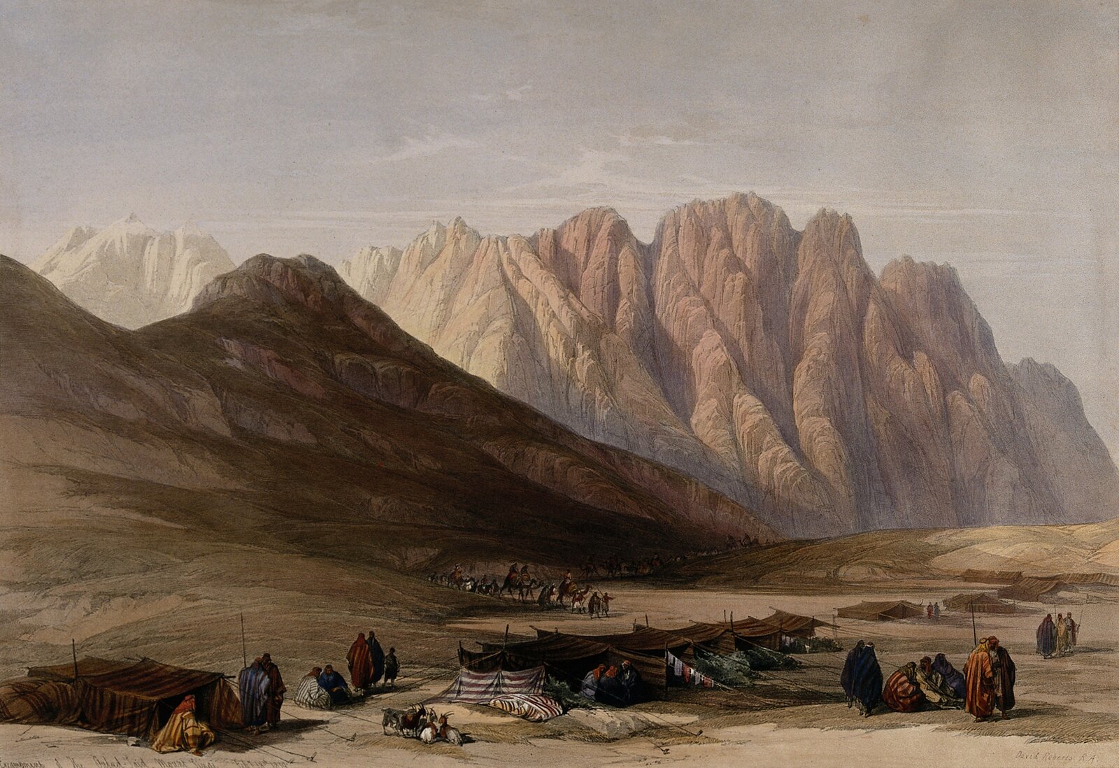 Shasu, with anachronistic camels. Encampment of the Aulad-Sa’id at Mount Sinai. Coloured lithograph by Louis Haghe after David Roberts, 1849